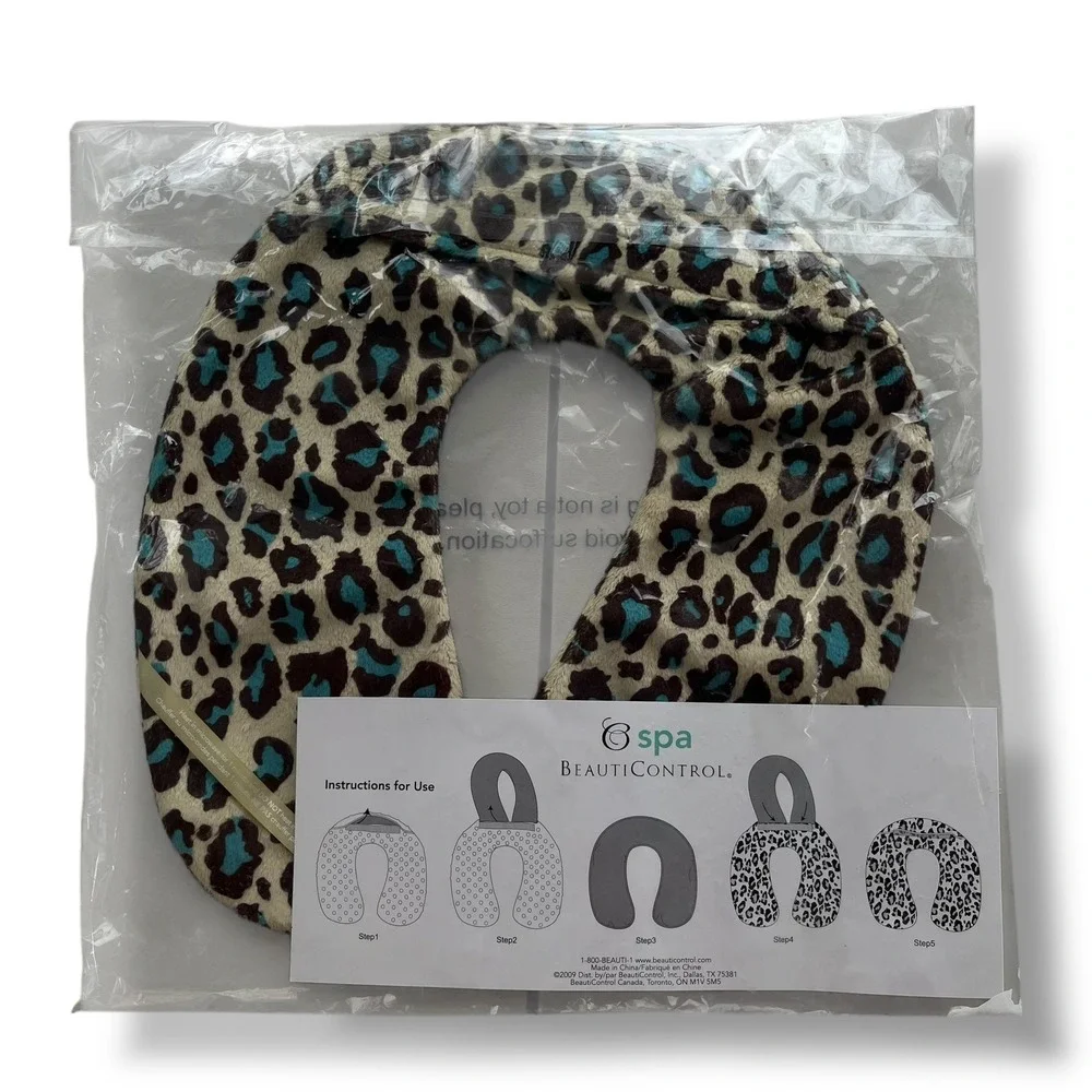 Spa BeautiControl Tan Aqua Leopard Print Plush Heating Pac Neck Pillow Cover NEW